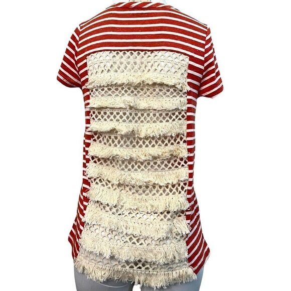 Doe & Rae L Fringe Orange Striped Short Sleeve Top T Shirt Blouse Pocket NWT - Picture 1 of 4